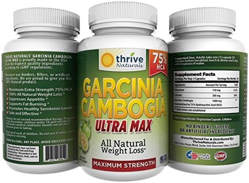 Thrive Naturals Garcinia Cambogia 75% HCA Ultra Max * MAXIMUM STRENGTH * All Natural Weight Loss Supplement & Appetite Suppressant * Helps Increased Metabolism * Supports Increased Serotonin Levels * Helps Curb Cravings * Supports Weight Loss for All Body Types * (1 Bottle (30-day Supply))
