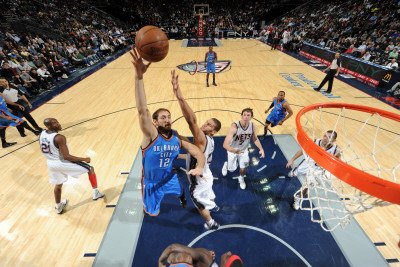 Oklahoma City Thunder v New Jersey Nets: Nenad Krstic and Brook Lopez Photographic Poster Print by Jesse D. Garrabrant, 28x42