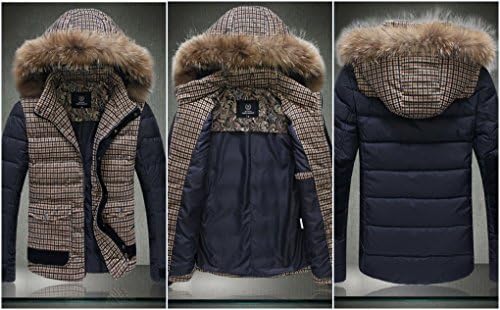 Winter Warm Mix Color Plaid Luxurious Fur Collar Hoodied Men Down Coat Jacket Plus Size (Navy, M(Asian size))