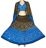 Unique Design Blue Brown Boho Bohemian Tie & Dye Bandhej-bandini Lehnga Choli with Sequins, Mirrors, Shells Work & Block Print for Ladies Rajrang India