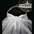 First Communion Veil - 26" Rhinestone tiara crown, 1.5" tall cross in center, ribbon bow, two-tiered, pencil edging, Gift Boxed!