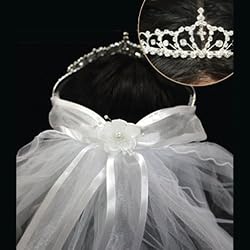 First Communion Veil - 26" Rhinestone tiara crown, 1.5" tall cross in center, ribbon bow, two-tiered, pencil edging, Gift Boxed!