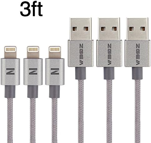 ZGEM Nylon Braided Lightning USB Charging Cable, 3 Feet, 3 Pack, Grey