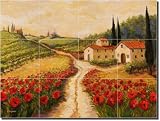 Red Poppy Road by Joanne Margosian - Tuscan Landscape Ceramic Tile Mural 12.75" x 17" Kitchen Shower Backsplash