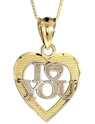 10k Gold 11/16 in. (18mm) tall 2-tone Heart I Love You Pendant, w/ 18 in. Thin Box Chain