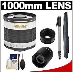 Rokinon 500mm f/6.3 Mirror Lens (White) (T Mount) with 2x Teleconverter (=1000mm) + Monopod + Accessory Kit for Samsung NX20, NX200, NX210 & NX1000 Digital Cameras