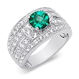 Inspired Elegance Round Shape Checker Board Created Emerald & White CZ Size 7 Gemstone Ring in Sterling Silver