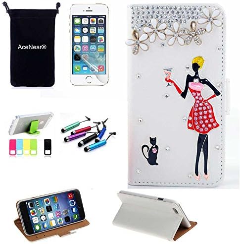 5C CASE AceNear(TM) For IPhone 5C Ultrathin Wallet Folio Stand Support Leather Case Series & Stand holder & Headset Dust Plug Capacitive Stylus & Screen Protector - cat girl white leather