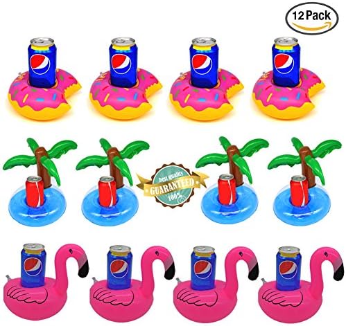 LENNG 12pcs Inflatable Coasters, Flamingo Palm Tree Donut Inflatable Drink Holder Can Coke Cup Stand Station Pool Swim Floats Great for Kids Bath, Pool Beach Parties