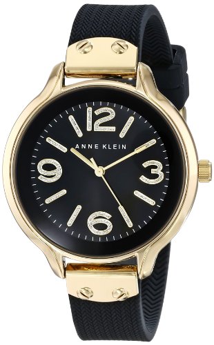 Anne Klein Women's AK/1614GPBK Gold-Tone Black Chevron Pattern Silicone Strap Watch