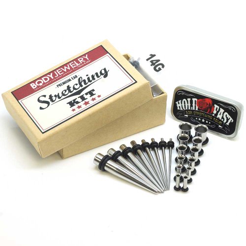 8pc 316L Stainless Steel Ear Taper Stretching Kit w/ Hold Fast Stretching Balm 14g-0g & 12pc Stainless Steel Single Flared Tunnels 10g-0g (Ear Stretching Kit, Taper Kit, Ear Plugs)