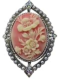 Beautiful Pink Hibiscus Cameo Brooch Seed Pearls Pin