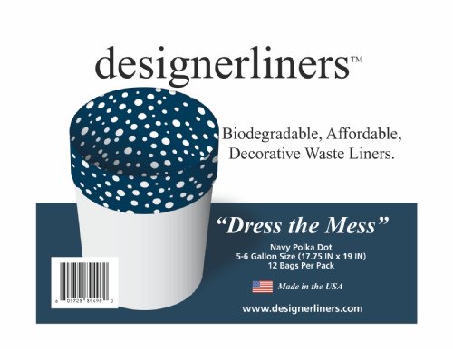 Designerliners Navy Polka Dot Pattern Household Accessory - Eco Green Biodegradable Plastic Waste Basket Trash Bags - Great for Baby, Nursery, Child