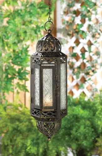 VICTORIAN HANGING LAMP BLACK METAL AND GLASS CANDLE LANTERN