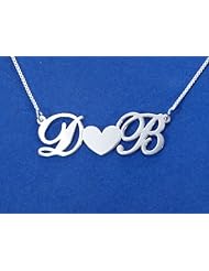 925 St. Silver Two Caps Heart Necklace with Your Choice of Letter