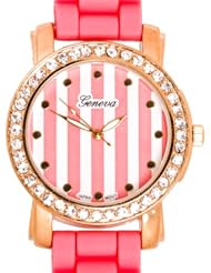 Geneva Silicone Striped Crystal Rhinestone Watch w/ Gold Case (Coral)