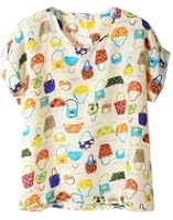 Women Girl Short Sleeve Casual Loose Pattern Print Chiffon Blouse Top T-shirt