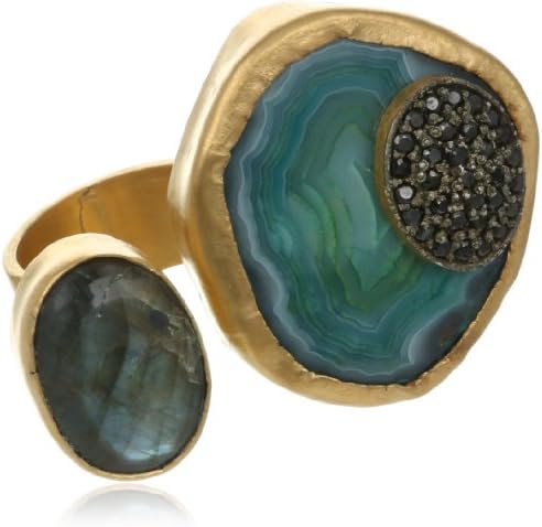 Zariin The Tale of Two Stones Green Agate Black Cubic Zirconia  Gold Adjustable Ring