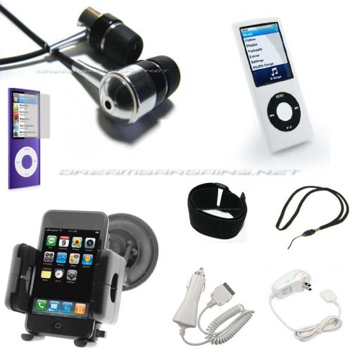 Childrens Toyshop  Sporting Goods : DreamBargains Premium Nano 4th Generation 8GB 16GB Accessory Bundle Kit - Protective Silicone Sleeve - White + Adjustable Sport Armband - Black + Screen & Click Wheel Protector Film + Travel Charger - White + Car Charger - White + Durable Metallic Sound Isolating In-Ear Earbud Earphones - Black + Neckstrap - Black + Adjustable Windshield Mount - Black