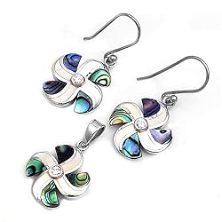 Sterling Silver Pendant and Earrings Set - Plumeria Design in Abalone and Mother of Pearl with Clear CZ