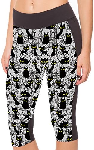 MIIshow Womens Black Cat Printed Crop Pants Yoga Capri Leggings