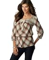 Biographie Three-Quarter-Sleeve Plaid Top with Tie