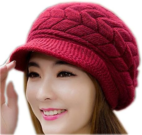 VWhite Womens Winter Skull Knit Peaked Cap Crochet Slouch Beanie Snowboard Hat Dark Red