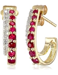 14k Yellow Gold Round Ruby White Diamond Earrings