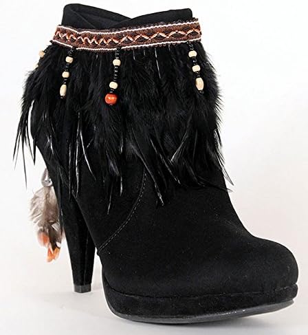 Black Hackle Feather Fringe Boot Dazzles Trimmed in Colorful Stitching and Beads