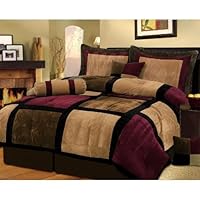 7-Pieces Solid Brown, Burgundy, and Black Micro Suede Patchwork Duvet Cover Set Queen Size w/ Corner Ties