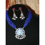 Lakh Kundan Blue Necklace Jewelry Set Belly Dance/Dangling Earrings(Brand New)