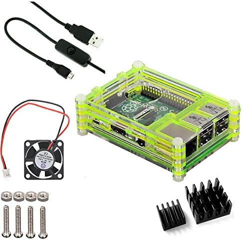 4 in 1 Professional Kit for Raspberry Pi 2 B and Raspberry Pi B+,green Sliced 9 Layers Case Box + Cooling Fan +micro USB Cable with Turn/on Switch ,Heatsinks