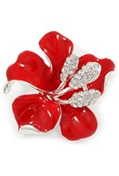 Red Enamel, Clear Crystal Poppy Brooch In Silver Tone Metal - 45mm D