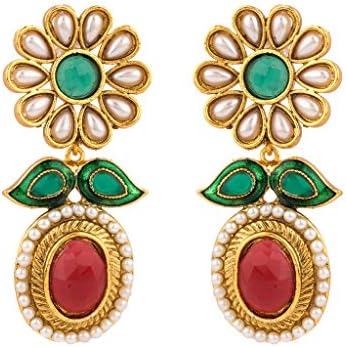 Rajwada Arts Women's Brass Enamel With And Stone Dangle Earrings Green,Red