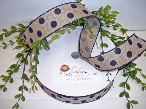 Wired Ribbon, Natural with Black Polka Dot Denim Ribbon, 1 1/2 wide, 50 Yards Per Spool