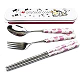 Sealike Cute Cow Ceramics Handle Stainless Steel Spoon Fork Chopsticks Set of 3 with Stylus for Traveling Pink