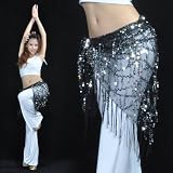BellyLady Belly Dance Hip Scarf & Shawl With Paillettes And Fringe, Deluxe V-Shape BLACK