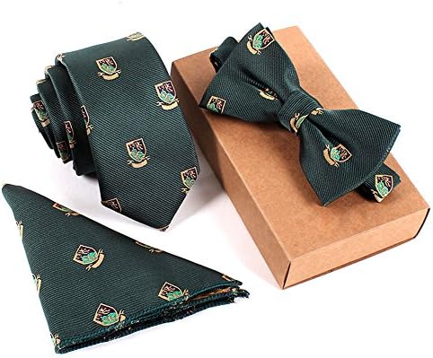 Men's Business Skinny Neck ties and Bowtie Pocket Square 3pcs Set for Gifts Green