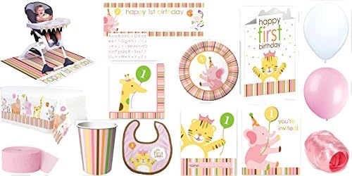 Girls 1st Birthday Zoo Party Supplies for 16 Guests This Ultimate Party Pack Includes High Chair Kit, Centerpiece, Giant Party Banner, Fabric Bib, Table Cover, Cups, Napkins, Plates, Invitations, Treat Bags, Curling Ribbon, Streamer, and Balloons - This Bundle Includes 115 Pieces!