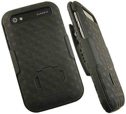 MicrosevenÂ® BLACK RUBBERIZED KICKSTAND Criss Cross HARD CASE COVER + BELT CLIP HOLSTER FOR BLACKBERRY CLASSIC Q20 PHONE (Verizon, AT&T, T-Mobile, Unlocked) (Slide Holster)