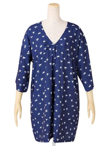 【ノーブランド品】 胸元タック ギャザー切替え 7分袖 鳥柄プリント チュニック ワンピース ブルー