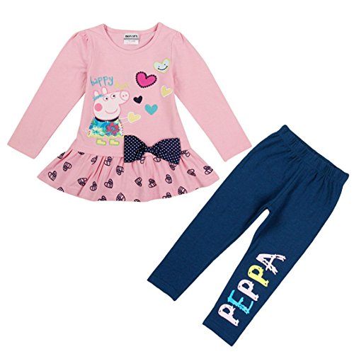 Peppa Pig Little Girls Spring Fall Long Sleeve Cartoon Embroidery Embroidered Stitching Cotton Pants (Set of 2 Pieces),Pink,5 (4/5Y)