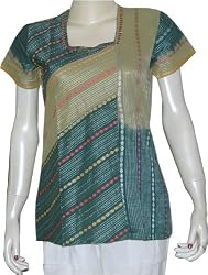 Lady Shirts Short Sleeve Cotton Top Blouse Block Print Hand Embroidery Size M(egt260)