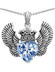 Genuine TRUE LOVE (tm) 925 Silver Simulated Aquamarine Heart With Crown and Angel Wings Pendant