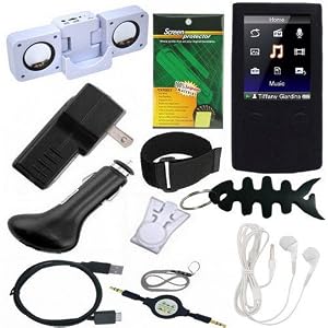 TPA- 12 Pieces Premium Sony Walkman Accessories Combo Bundle Pack: Black Silicone Skin Case , USB 2in1 Data Sync Cable, USB Car Charger, USB Wall / Travel / AC Adapter Charger, Portable Foldable Speaker Dock, Adjustable Armband, Belt Clip, Lanyard, Screen Protector, 3.5mm~3.5mm Retractable Audio cable, 3.5mm White In-Ear Stereo Headset, Fishbone style Keychain for the Sony Walkman NWZ E344 E345 Series MP3 Players
