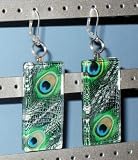 Peacock Rectangle Glass Tile Art Fashion Earrings