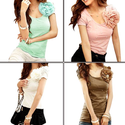 Allegra K Women Palstic Pearl Decor Ruched Sleeve Summer Top Casual T Shirts