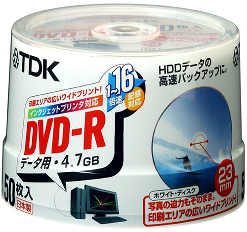 TDK DVD-Rデータ用 1-16倍速対応ホワイトプリンタブル(ワイド) ポットケース入り50枚パック [DVD-R47PWDX50PT]