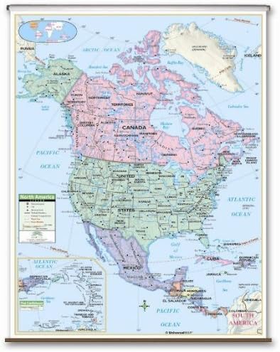 North America Primary Classroom Map on Roller w/ Brackets