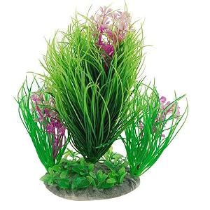 Fish Tank Plastic Purple Flower Accent Green Needlelike Plants